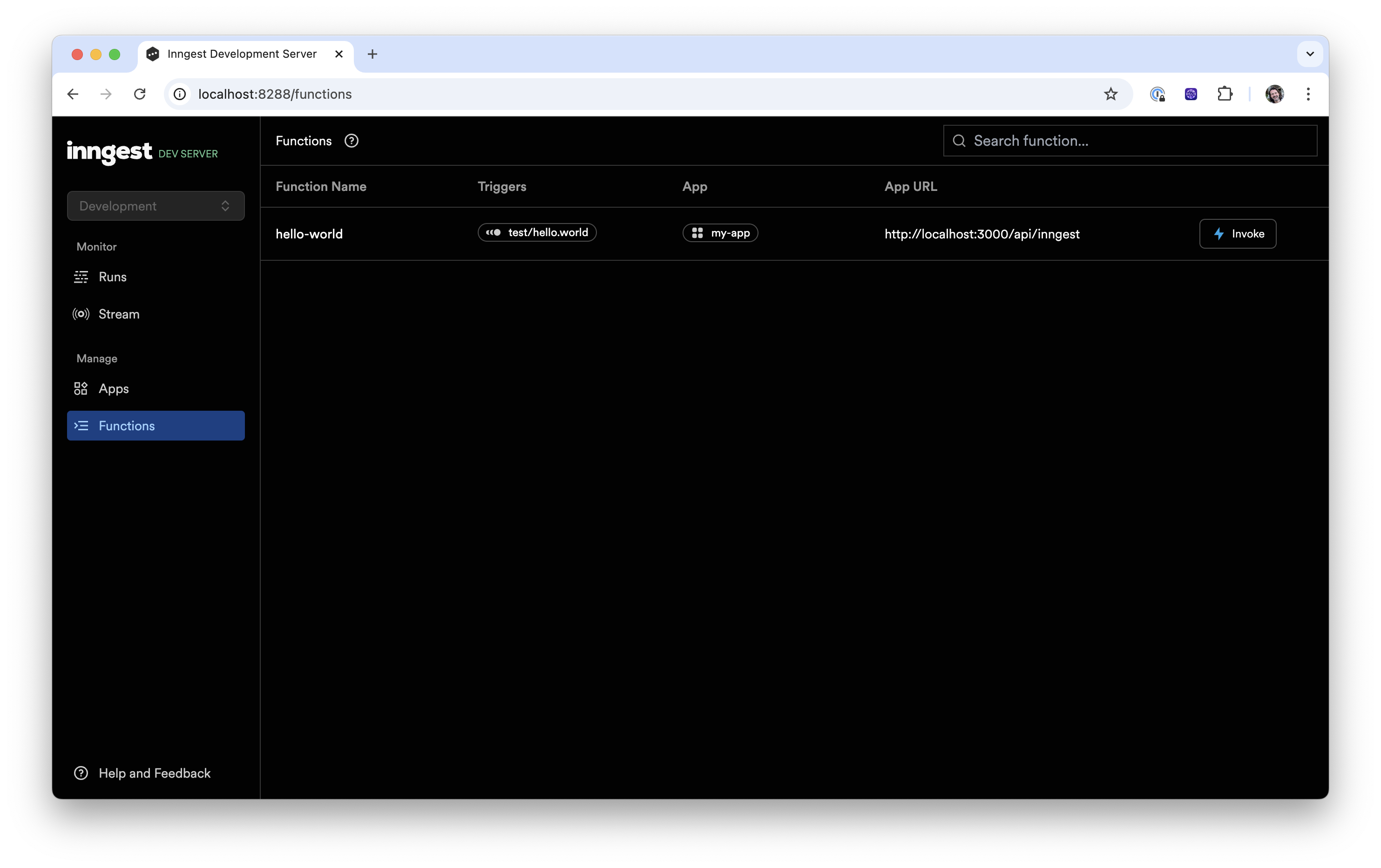 Inngest Dev Server web interface's functions tab with functions listed